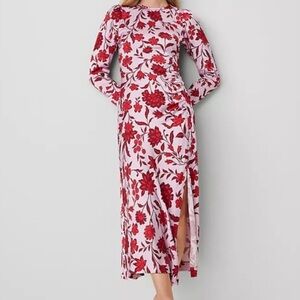 Ann Taylor Pink Floral Satin Long Sleeve Midi Dress